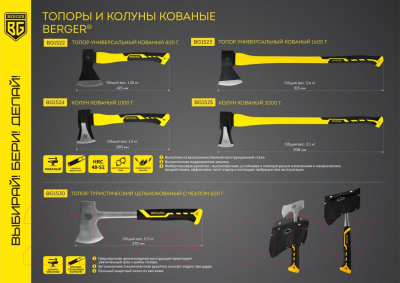 Топор-колун BERGER Кованый 1кг / BG1524 (фиберглассовая рукоятка)