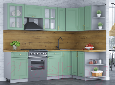 Кухонный гарнитур Интерлиния Мила Шато 1.5x2.5 правая (мята/мята/дуб бунратти)