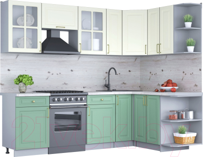 Кухонный гарнитур Интерлиния Мила Шато 1.5x2.5 правая (белый/мята/бискайская сосна) - фото