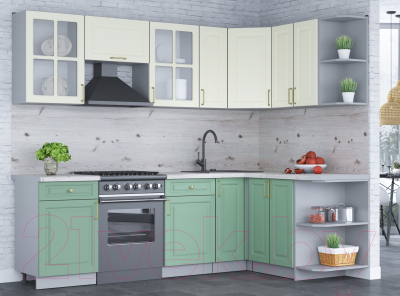 Кухонный гарнитур Интерлиния Мила Шато 1.5x2.5 правая (белый/мята/бискайская сосна)