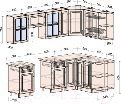 Кухонный гарнитур Интерлиния Мила Шато 1.5x2.5 правая (белый/мята/бискайская сосна)