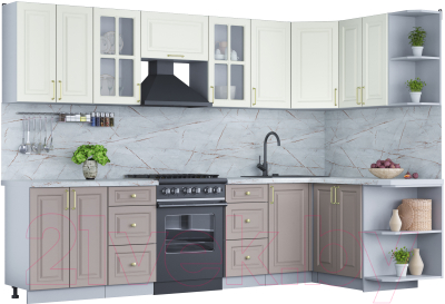 Кухонный гарнитур Интерлиния Мила Шато 1.5x3.0 правая (белый/луна/серый каспий) - фото