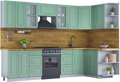 Кухонный гарнитур Интерлиния Мила Шато 1.5x3.0 правая (мята/мята/дуб бунратти) - фото