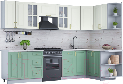 Кухонный гарнитур Интерлиния Мила Шато 1.5x3.0 правая (белый/мята/бискайская сосна) - фото