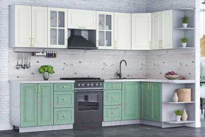 Кухонный гарнитур Интерлиния Мила Шато 1.5x3.0 правая (белый/мята/бискайская сосна)