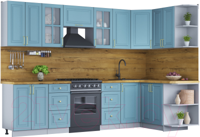 Кухонный гарнитур Интерлиния Мила Шато 1.5x3.0 правая (океан/океан/дуб бунратти) - фото