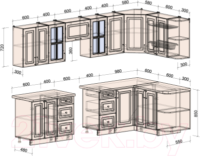 Кухонный гарнитур Интерлиния Мила Шато 1.5x3.0 правая (океан/океан/дуб бунратти)
