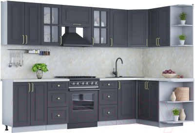 Кухонный гарнитур Интерлиния Мила Шато 1.5x3.0 правая (пепел/пепел/опал светлый) - фото