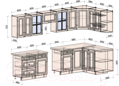 Готовая кухня Интерлиния Мила Шато 1.5x3.2 правая