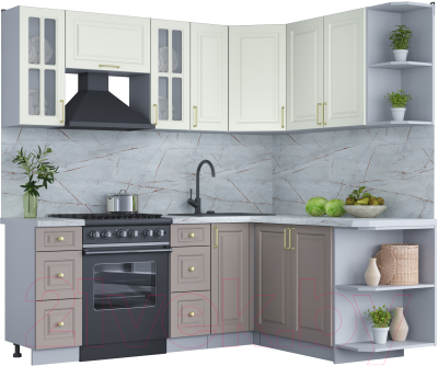 Кухонный гарнитур Интерлиния Мила Шато 1.7x2.1 правая (белый/луна/серый каспий) - фото