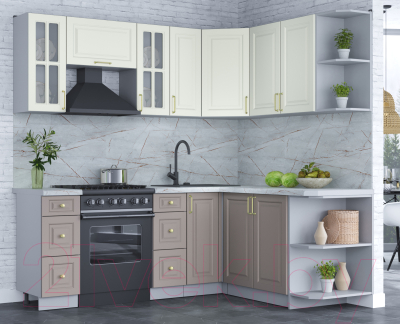 Кухонный гарнитур Интерлиния Мила Шато 1.7x2.1 правая (белый/луна/серый каспий)