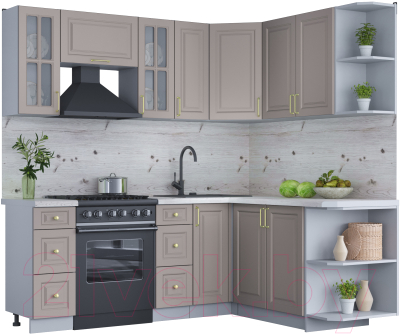 Кухонный гарнитур Интерлиния Мила Шато 1.7x2.1 правая (луна/луна/бискайская сосна) - фото