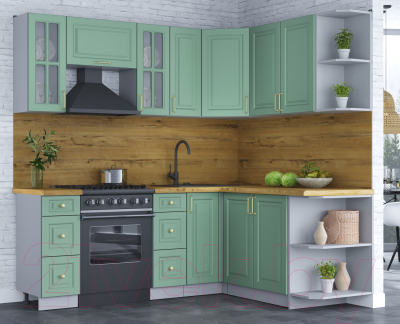 Кухонный гарнитур Интерлиния Мила Шато 1.7x2.1 правая (мята/мята/дуб бунратти)