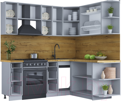 Кухонный гарнитур Интерлиния Мила Шато 1.7x2.1 правая (белый/мята/бискайская сосна)