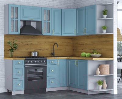 Кухонный гарнитур Интерлиния Мила Шато 1.7x2.1 правая (океан/океан/дуб бунратти)