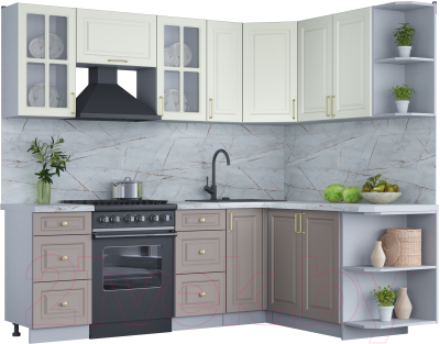 Кухонный гарнитур Интерлиния Мила Шато 1.7x2.3 правая (белый/луна/серый каспий) - фото