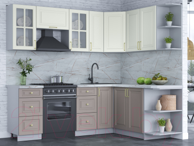 Кухонный гарнитур Интерлиния Мила Шато 1.7x2.3 правая (белый/луна/серый каспий)