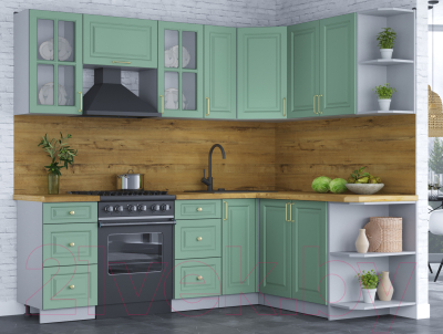 Кухонный гарнитур Интерлиния Мила Шато 1.7x2.3 правая (мята/мята/дуб бунратти)