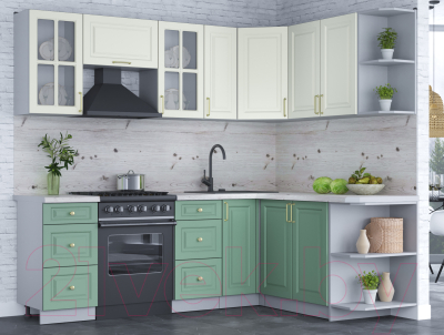 Кухонный гарнитур Интерлиния Мила Шато 1.7x2.3 правая (белый/мята/бискайская сосна)