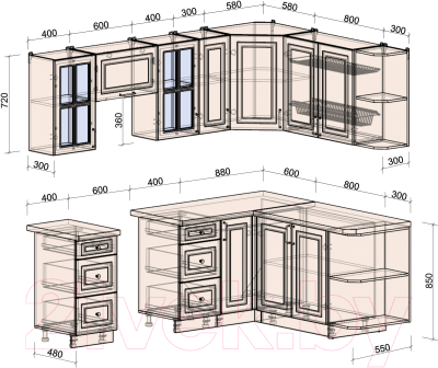 Кухонный гарнитур Интерлиния Мила Шато 1.7x2.3 правая (белый/мята/бискайская сосна)