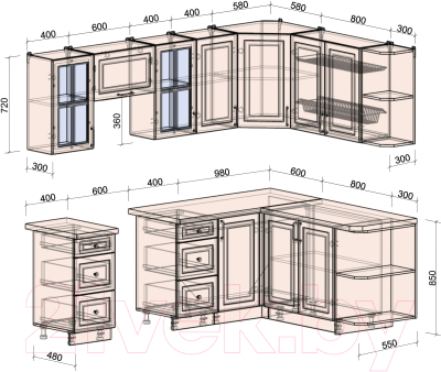 Кухонный гарнитур Интерлиния Мила Шато 1.7x2.4 правая (луна/луна/бискайская сосна)