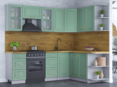 Кухонный гарнитур Интерлиния Мила Шато 1.7x2.4 правая (мята/мята/дуб бунратти)