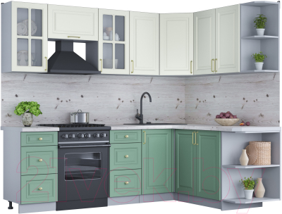 Кухонный гарнитур Интерлиния Мила Шато 1.7x2.4 правая (белый/мята/бискайская сосна) - фото