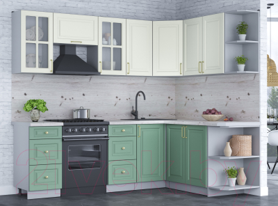 Кухонный гарнитур Интерлиния Мила Шато 1.7x2.4 правая (белый/мята/бискайская сосна)