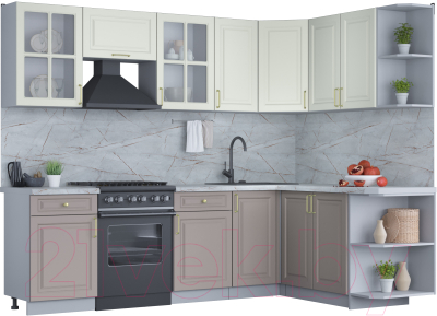 Кухонный гарнитур Интерлиния Мила Шато 1.7x2.6 правая (белый/луна/серый каспий) - фото