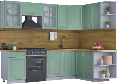 Кухонный гарнитур Интерлиния Мила Шато 1.7x2.6 правая (мята/мята/дуб бунратти) - фото