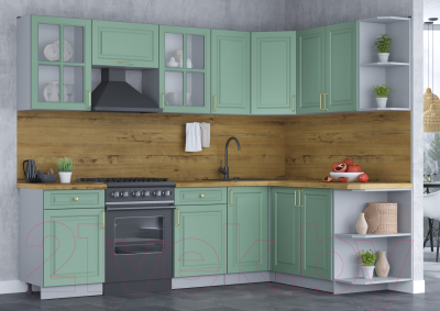 Кухонный гарнитур Интерлиния Мила Шато 1.7x2.6 правая (мята/мята/дуб бунратти)