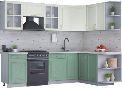 Кухонный гарнитур Интерлиния Мила Шато 1.7x2.6 правая (белый/мята/бискайская сосна) - фото