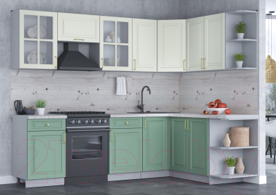 Кухонный гарнитур Интерлиния Мила Шато 1.7x2.6 правая (белый/мята/бискайская сосна)