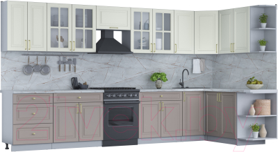 Кухонный гарнитур Интерлиния Мила Шато 1.7x3.8 правая (белый/луна/серый каспий) - фото