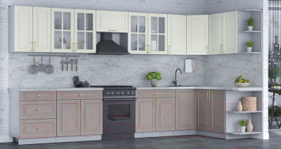 Кухонный гарнитур Интерлиния Мила Шато 1.7x3.8 правая (белый/луна/серый каспий)