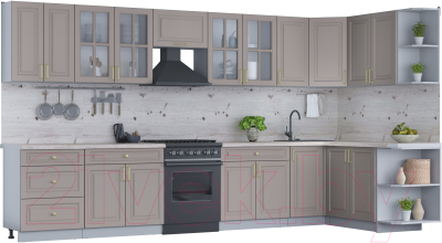 Кухонный гарнитур Интерлиния Мила Шато 1.7x3.8 правая (луна/луна/бискайская сосна) - фото