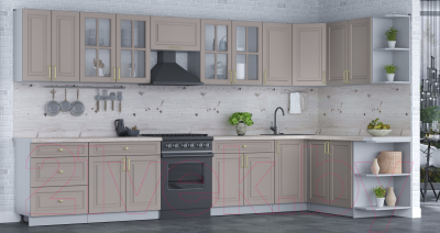 Кухонный гарнитур Интерлиния Мила Шато 1.7x3.8 правая (луна/луна/бискайская сосна)