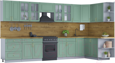 Кухонный гарнитур Интерлиния Мила Шато 1.7x3.8 правая (мята/мята/дуб бунратти) - фото