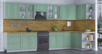 Кухонный гарнитур Интерлиния Мила Шато 1.7x3.8 правая (мята/мята/дуб бунратти)