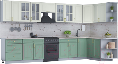 Кухонный гарнитур Интерлиния Мила Шато 1.7x3.8 правая (белый/мята/бискайская сосна) - фото