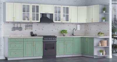 Кухонный гарнитур Интерлиния Мила Шато 1.7x3.8 правая (белый/мята/бискайская сосна)