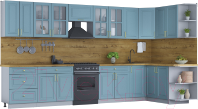Кухонный гарнитур Интерлиния Мила Шато 1.7x3.8 правая (океан/океан/дуб бунратти) - фото