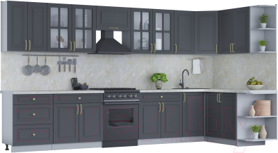 Кухонный гарнитур Интерлиния Мила Шато 1.7x3.8 правая (пепел/пепел/опал светлый) - фото