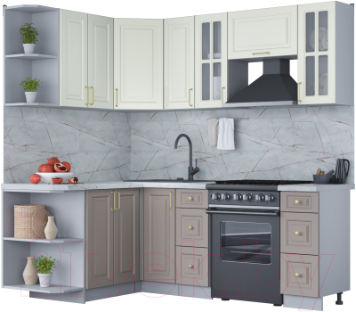 Кухонный гарнитур Интерлиния Мила Шато 1.5x2.1 левая (белый/луна/серый каспий) - фото