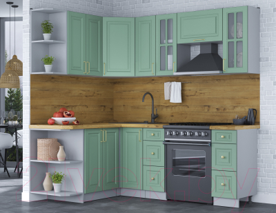 Кухонный гарнитур Интерлиния Мила Шато 1.5x2.1 левая (мята/мята/дуб бунратти)