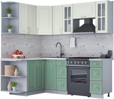 Кухонный гарнитур Интерлиния Мила Шато 1.5x2.1 левая (белый/мята/бискайская сосна) - фото
