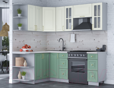 Кухонный гарнитур Интерлиния Мила Шато 1.5x2.1 левая (белый/мята/бискайская сосна)