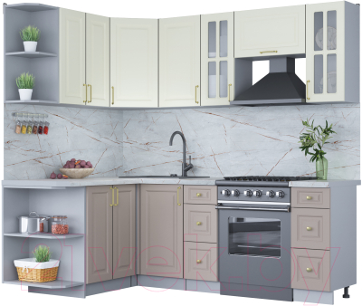 Кухонный гарнитур Интерлиния Мила Шато 1.5x2.2 левая (белый/луна/серый каспий) - фото