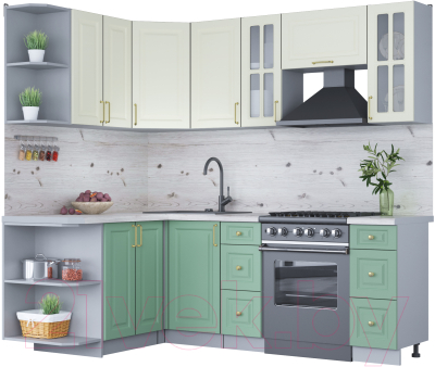 Кухонный гарнитур Интерлиния Мила Шато 1.5x2.2 левая (белый/мята/бискайская сосна) - фото