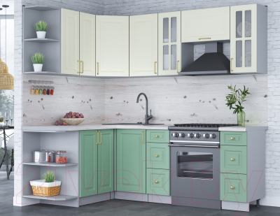 Кухонный гарнитур Интерлиния Мила Шато 1.5x2.2 левая (белый/мята/бискайская сосна)